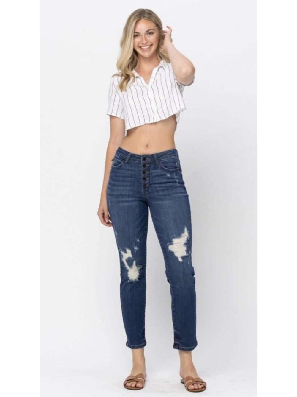 JUDY BLUE High Waist Button Fly Distressed Boyfriend Jeans Size 13/31
